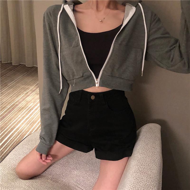 New Spring And Autumn Korean Version Zipper Short Hooded Coat Thin Solid Color Sweater Women