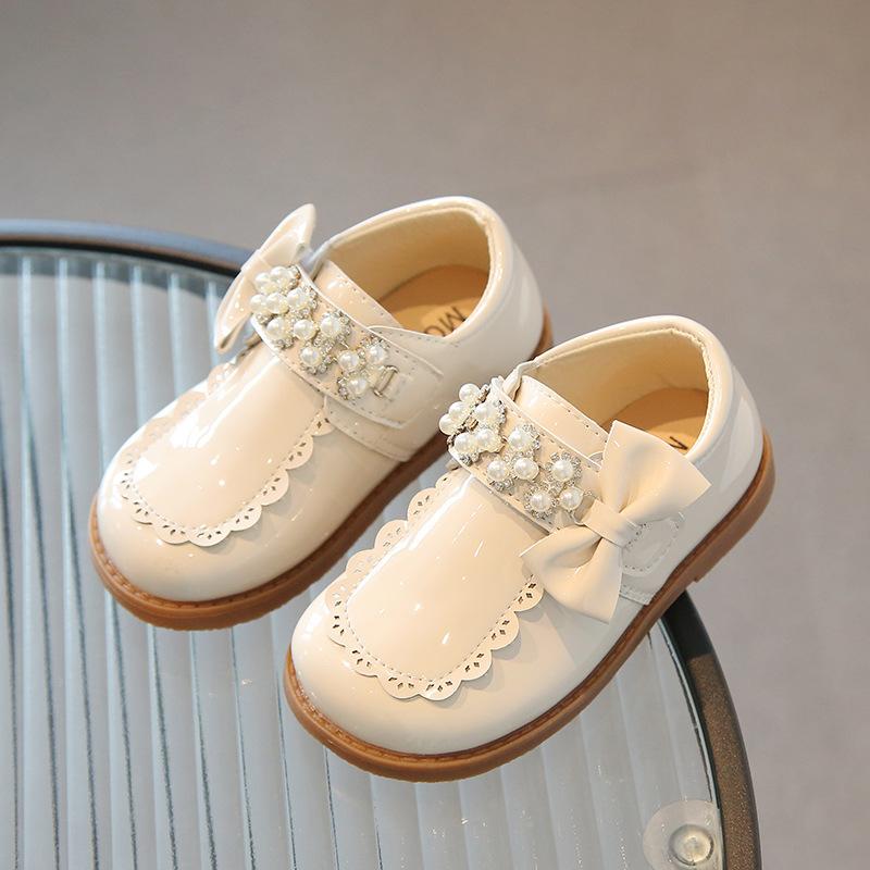 Kids Shoes Girl Pearl Small Leather Shoe Bow Tie Princess Shoe Fashionable Mary Jane Shoes Spring Autumn Soft Bottom Shoes Girl