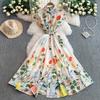 Summer Women Elegant Turn-down Collar Designer Print Long Midi Runway Party Shirt Dresses With Belt