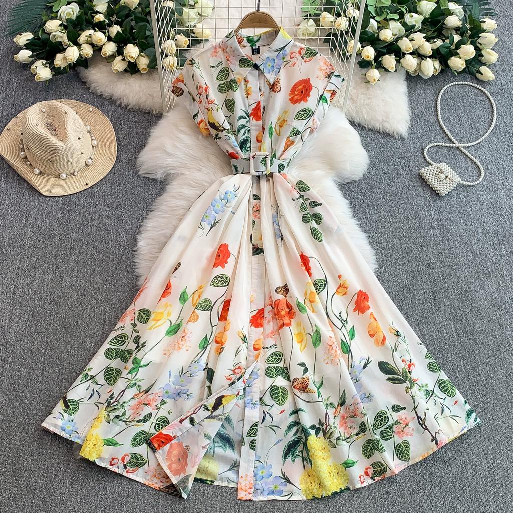 Summer Women Elegant Turn-down Collar Designer Print Long Midi Runway Party Shirt Dresses With Belt