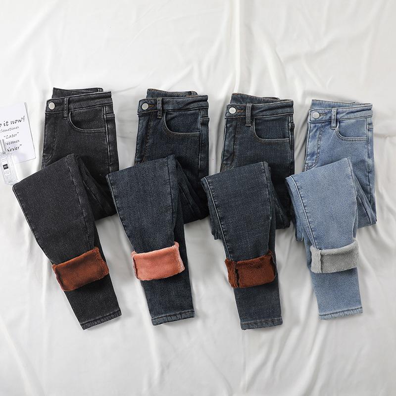 Winter Dicke Warme Casual retro Denim Kleine Füße Bleistift Hosen Frauen Hohe Taille Dünne Jeans Fleece Warme Slim Fit Stretch damen