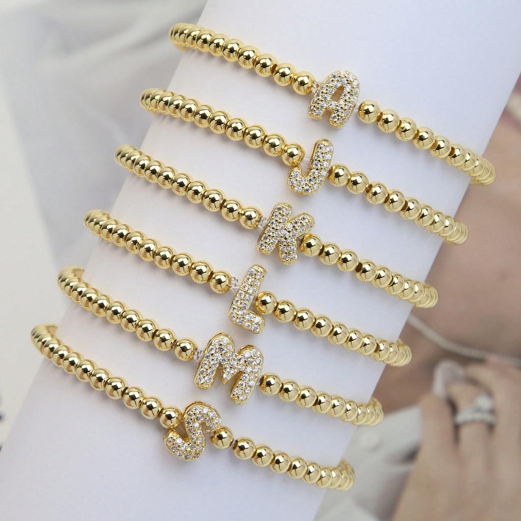 One Piece Plated Micro Pave CZ Bubble Ball A-Z Initial Beaded Elastic Cord Bracelet Women's Simple Bracelet Jewelry Gift