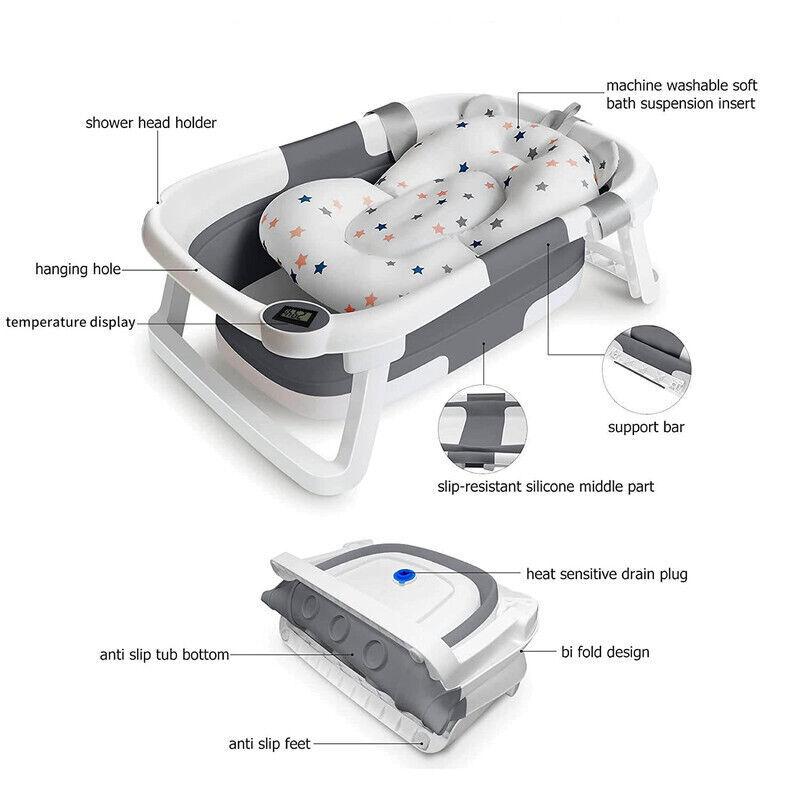 Foldable Baby Bath Tub Ergonomic Baby Bathtub With Temperature & Cushion Bath Pad + Bath Net From 0-36 Months