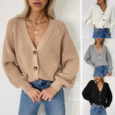 Autumn New Fashion Women Knitted Cardigans Sweater Long Sleeve Loose Coat Casual Button Thick V-neck Solid Female Tops