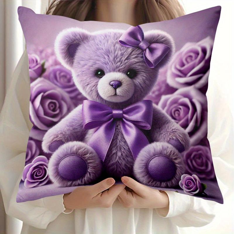 1pc Pillowcase, Purple Teddy Bear Design, All-Season Cushion Cover, Soft Smooth Polyester Short Plush Fabric, Single-Sided Printed Pattern, 45Cm X 45C