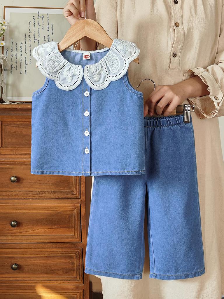 2026 Stylisches Sommer-Denim-Set für Mädchen - Puppenkragen, Ärmelloses Zweiteiler