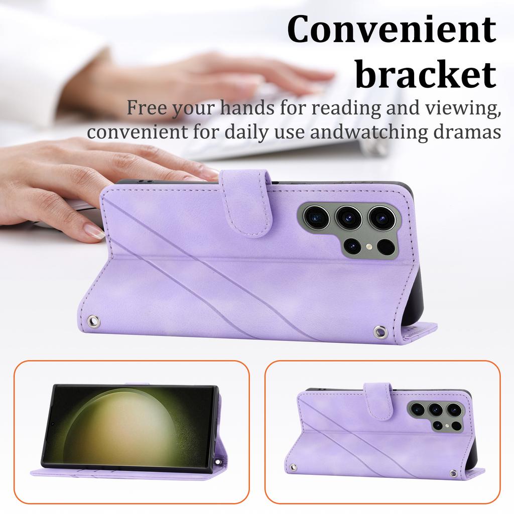 For Samsung Galaxy S25 Ultra Case Imprinted Line Leather Phone Cover with Handy Strap