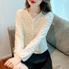 New Style Stitched V-neck Button Fashion Solid Color Versatile Casual Long-sleeved Top