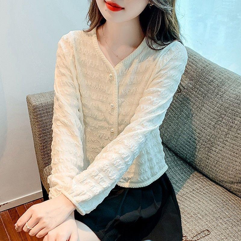 New Style Stitched V-neck Button Fashion Solid Color Versatile Casual Long-sleeved Top