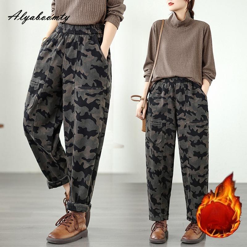 Korean Style Autumn Winter Women Fleece Warm Harem Jeans High Waist Print Baggy Plus Size Denim Pants Thick Vintage Casual Loose Ladies' Jeans