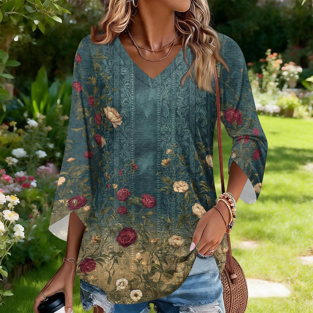 Womens Short Sleeve Blouses V Neck Floral Print Casual Loose Fit Women's Short Sleeve Tops Lightweight Womens Short Sleeve Shirts