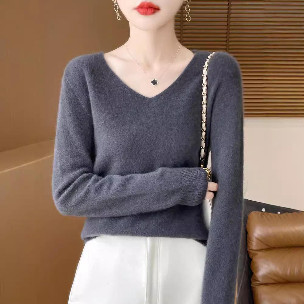 Wool Sweater V-neck Soft Knit Tops Outer Wear Bottoming Shirts for Women