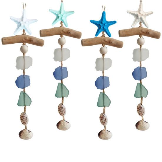 Sea Glass Wooden Nautical Wall Decor Handcrafted Starfish Shells Bathroom Hanging Decoration Beach Coastal Wall Art for Living Room Dining Room