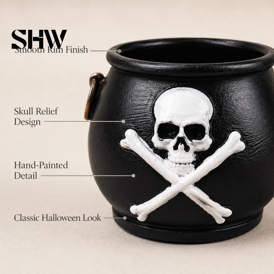 Skull Planter Pot Witches Cauldron Planter, Halloween Flower Pot, Gothic Resin Haunted House Prop Black Candy Bowl for Herbs, Indoor, Outdoor