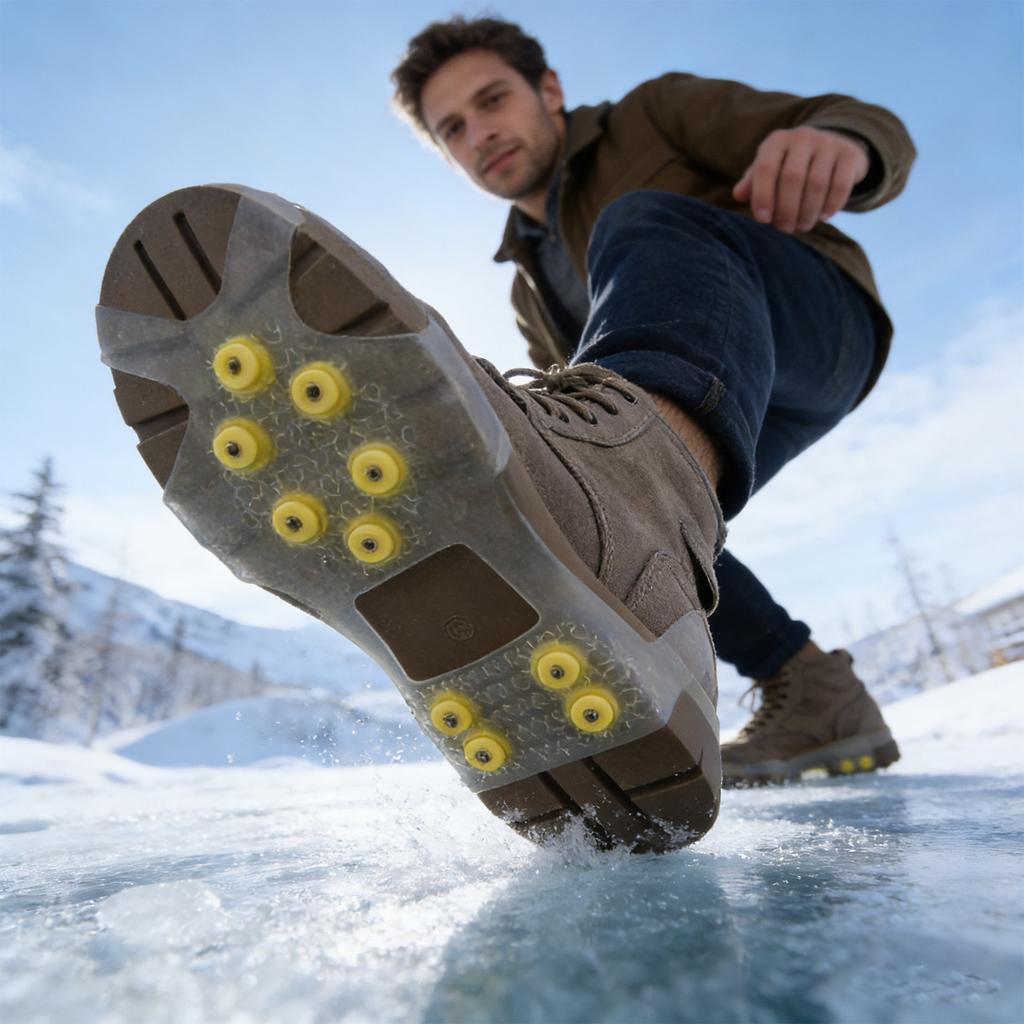 Winterschuhspikes mit 10 Spikes, geeignet für winterliche Outdoor-Aktivitäten wie Wandern, Trekking, Eisfischen, Schnee und Eis.