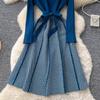 Autumn Winter Women Casual Full Sleeve Striped Knitted Sweater Pullover Lace-up Dresses