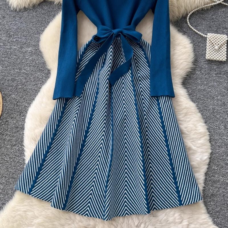 Autumn Winter Women Casual Full Sleeve Striped Knitted Sweater Pullover Lace-up Dresses