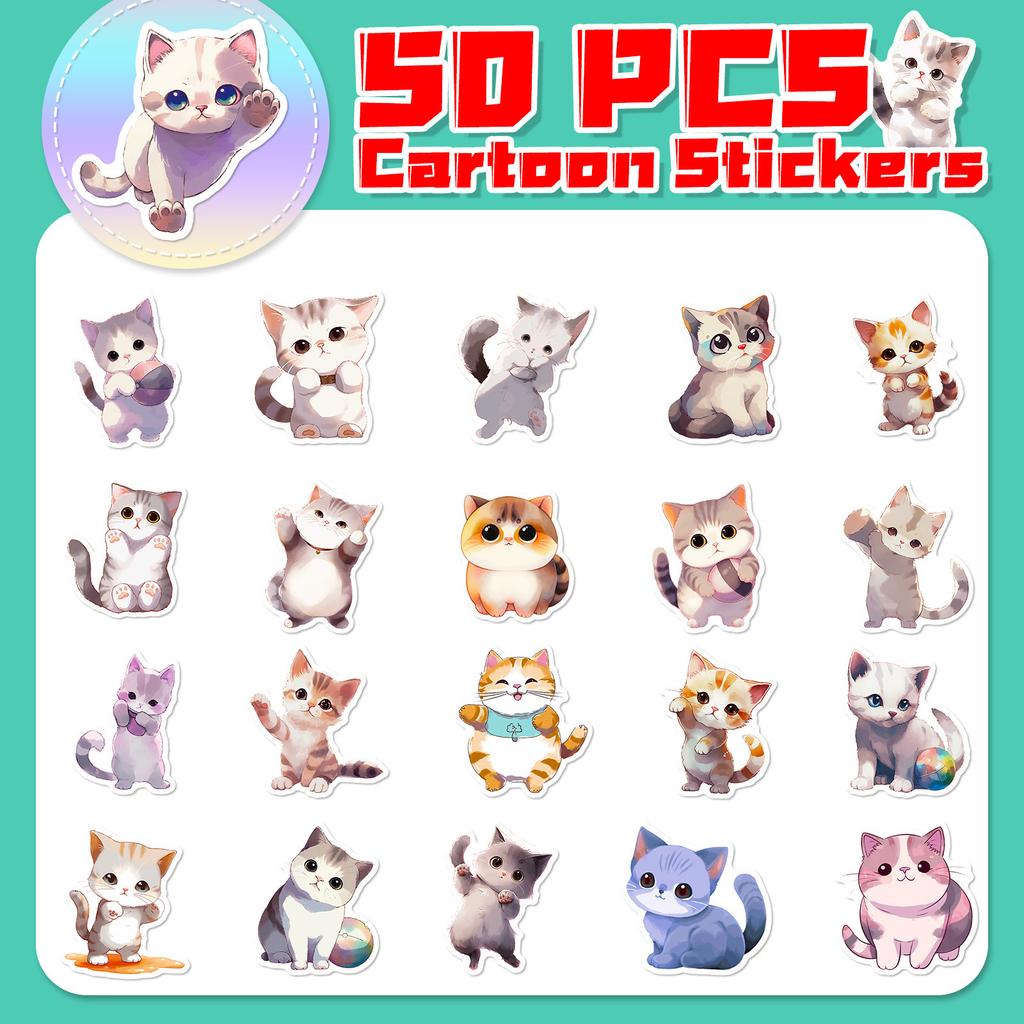 50 Watercolor Cat Stickers Cute Cartoon Animal Cat Head Watercolor Cat Stickers