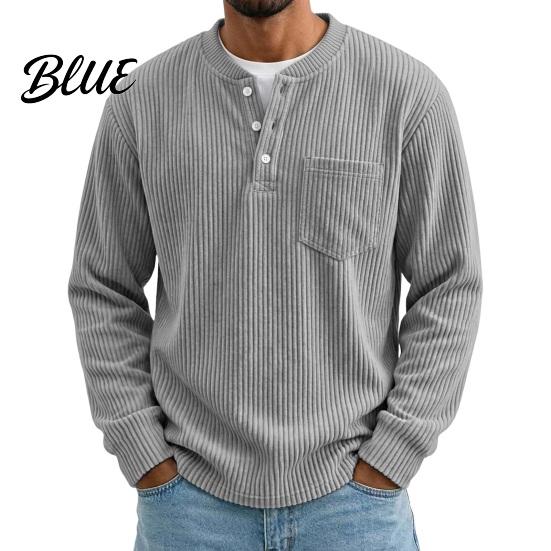 Versatile Ribbed Cuff Pullover Men Corduroy Shirt, Long Sleeve Button Collar with Chest Pocket, Layering Shirts for Loose Fit Textured Sweatshirt Fall