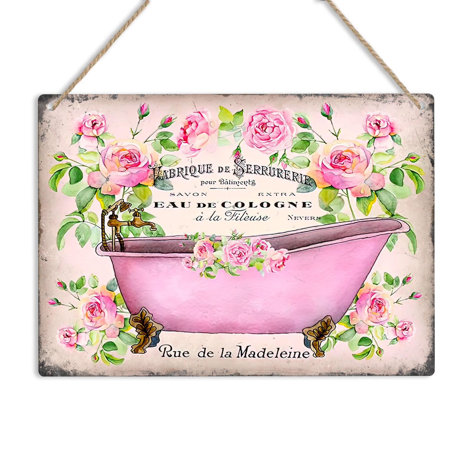 French Vintage Shabby Chic Bathtub Metal Sign Retro Style Bathroom Wall Plaque 20X30CM