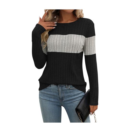 Women Tops Round Neck Long Sleeve Color Block Ribbed Knitting Tops Loose Fit Casual Sweater Tops Daily Wear