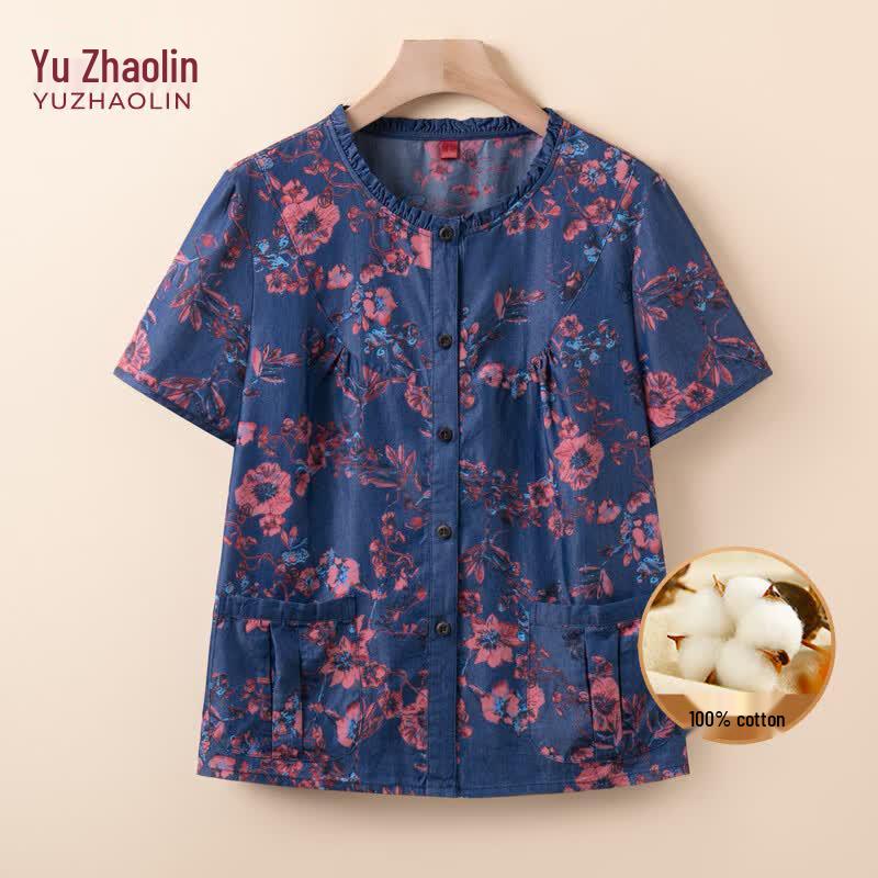 YUZHAOLIN Women s Short Sleeve Cotton Print Top & Pants Set 4XL
