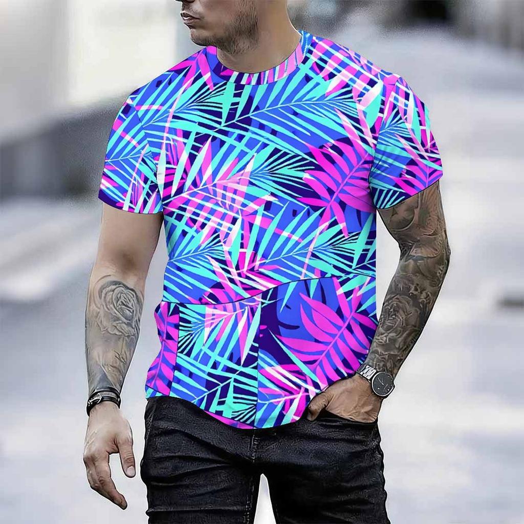 Women Short Sleeve Crew Neck T Shirt Black White Silvery Tropical Palm Leaf All Over Print Top