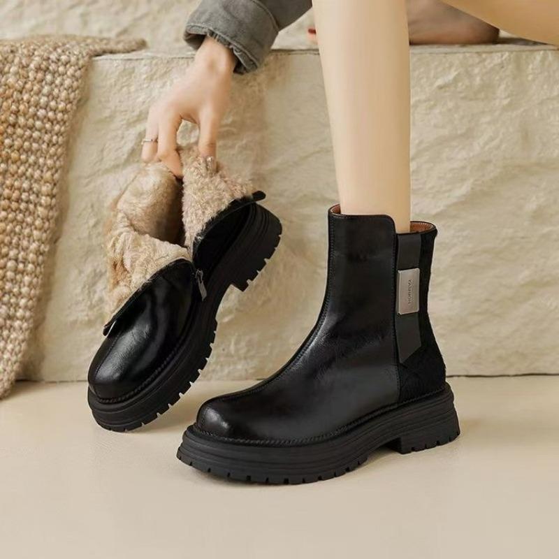 Winter New Thick Heel Cotton Boots Women's Fashion Round Head Side Zipper Thick Sole Anti-slip Wear-resistant Short Boots