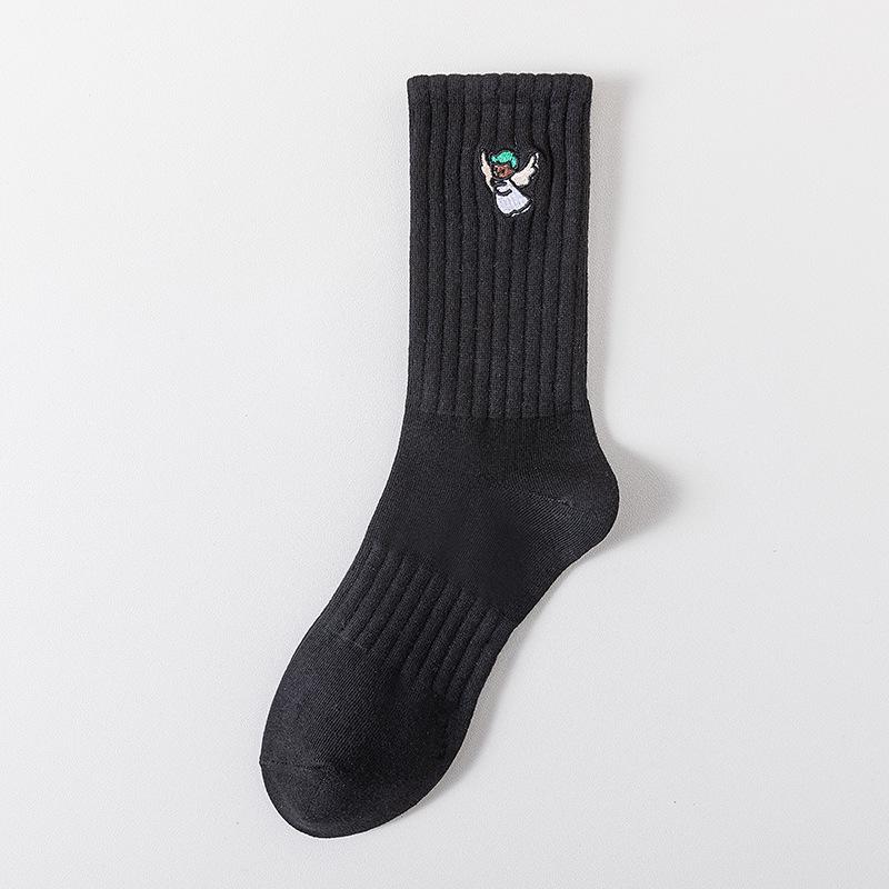 Cityboy Men’s Autumn/Winter White Cartoon Embroidery Socks - Trendy, Sweat-Absorbing Mid-Calf Sports Socks