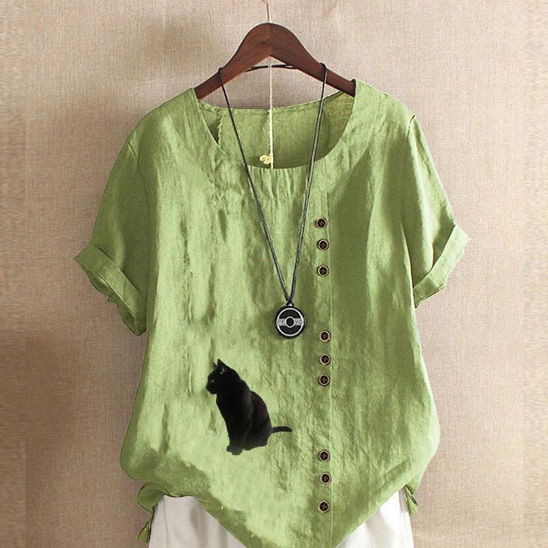 

Женская модная футболка с круглым вырезом и короткими рукавами с принтом «черный кот», повседневная хлопково-льняная рубашка с рисунком, свободная летняя блузка для отдыха, топы 5XL зелёный