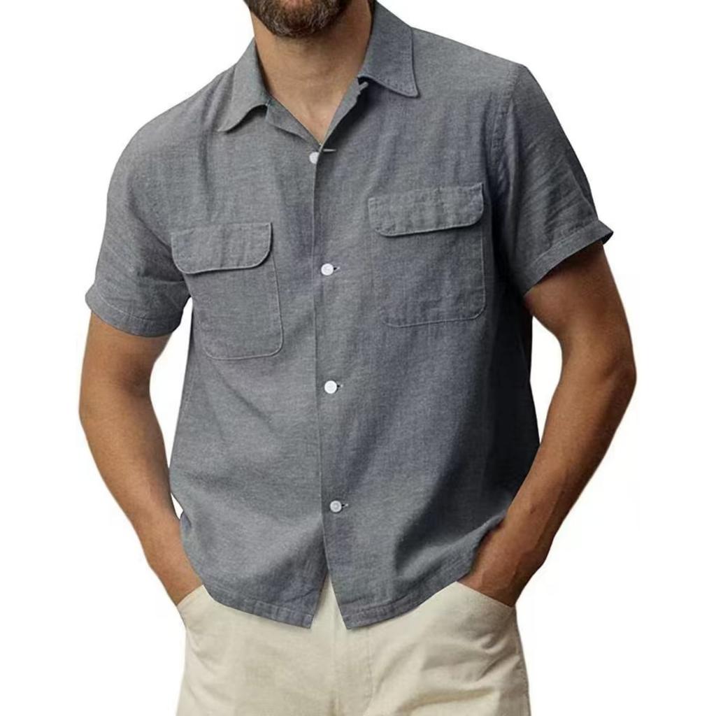 Camicia Casual da Uomo a Maniche Corte Monocolore con Bottoni, Top da Uomo in Cotone e Lino con Tasca e Revers