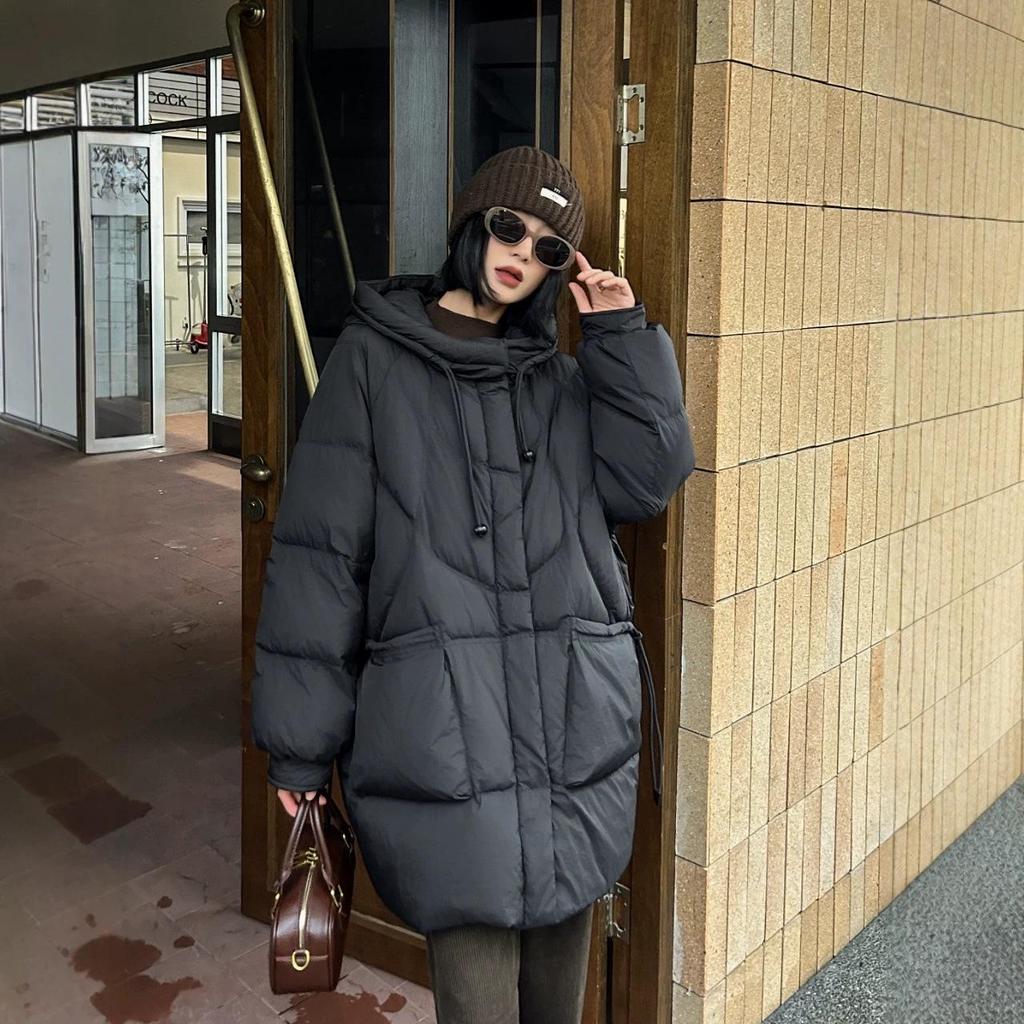 2026 Winter Damen Mode Kapuzen-Freizeit-Daunenjacke mit großen Taschen, lockere Passform, Oversized, Figurschmeichelndes A-Linien-Design