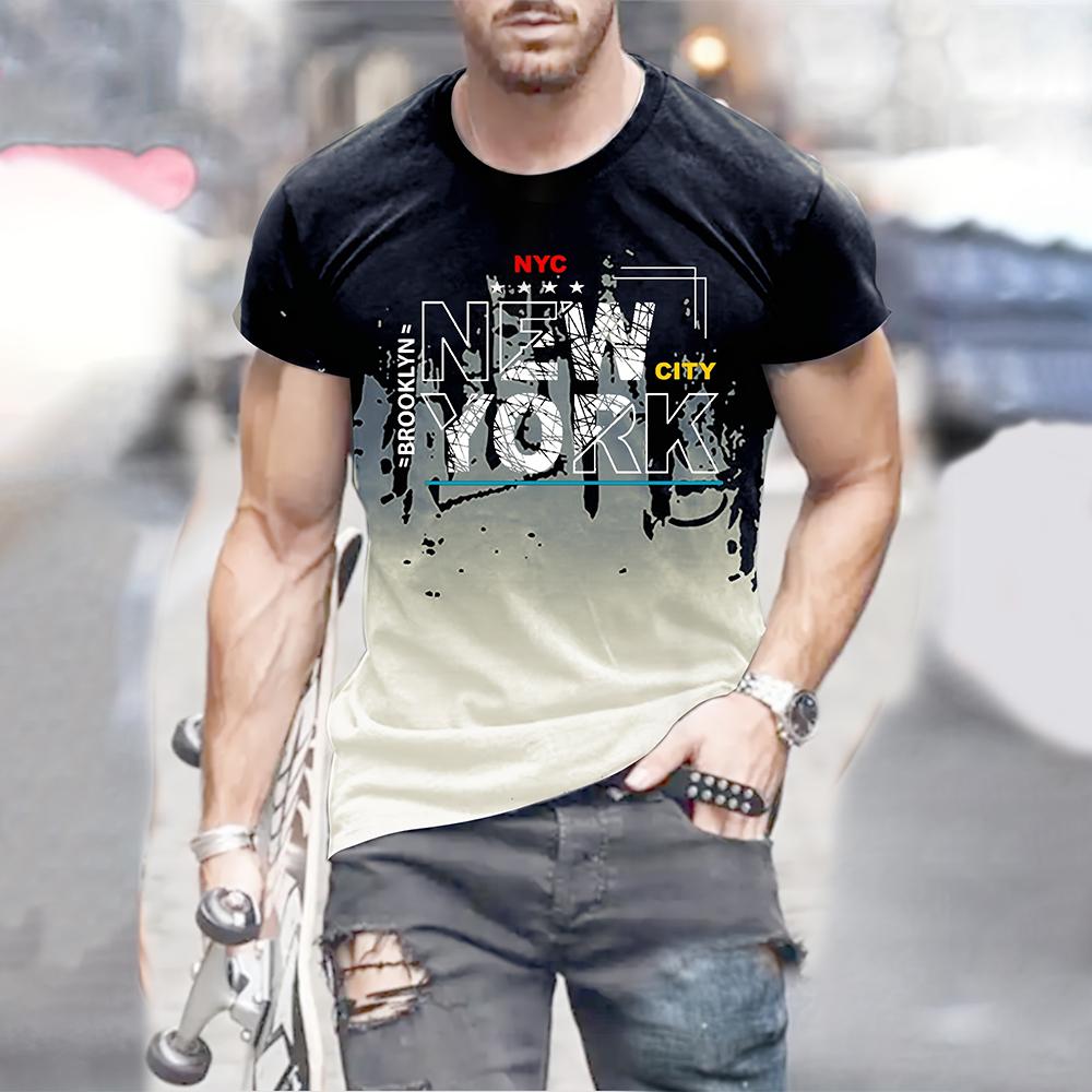 Men's T-shirt NEW YORK Alphabet Print Gradient Casual Comfy Short Sleeved Tees For Summer Oversized Men's Clothing Tops Outdoor