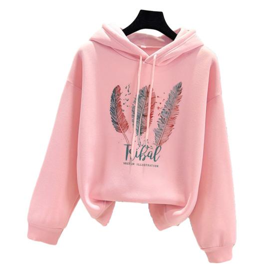 Hoodie Feather Print Long Sleeve Thick Loose Soft Drawstring Hooded Unisex Keep Warm Casual Elastic Cuff Women Men Hoodie
