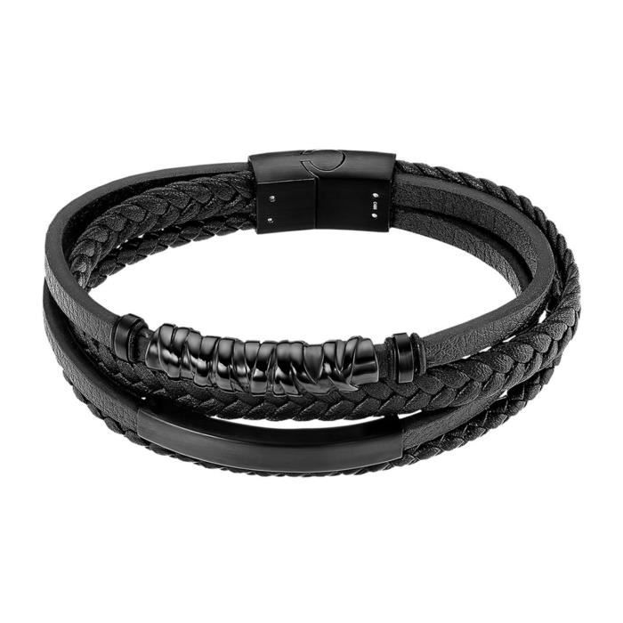 Bracelet - Lotus - Style Men In Black - 4 Rangs - Cuir Véritable - Acier Noir