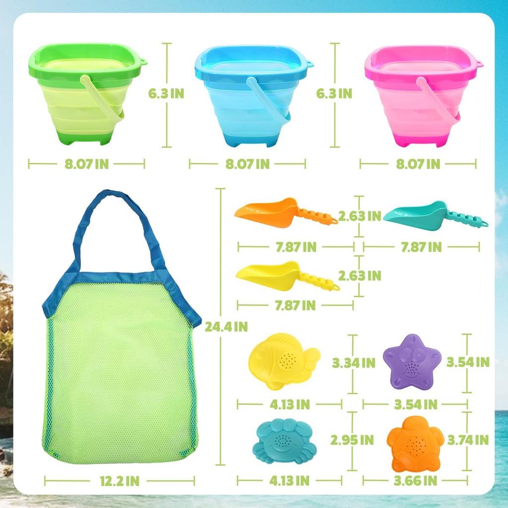 Collapsible Beach Sand Toys for Kids - Travel Beach Toys with 3 Collapsible Beach Buckets,3 Beach Shovels, 4 Sand Molds, Mesh Bags,Sand Bucket Shovel