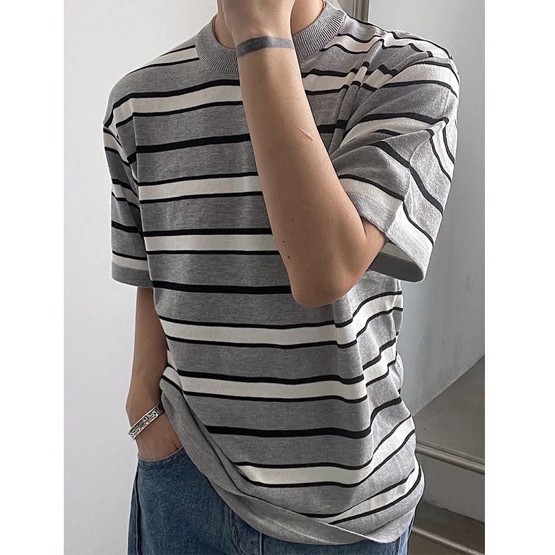 2024 Korean Striped Casual Loose-Fit Knit Crew Neck T-Shirt for Men