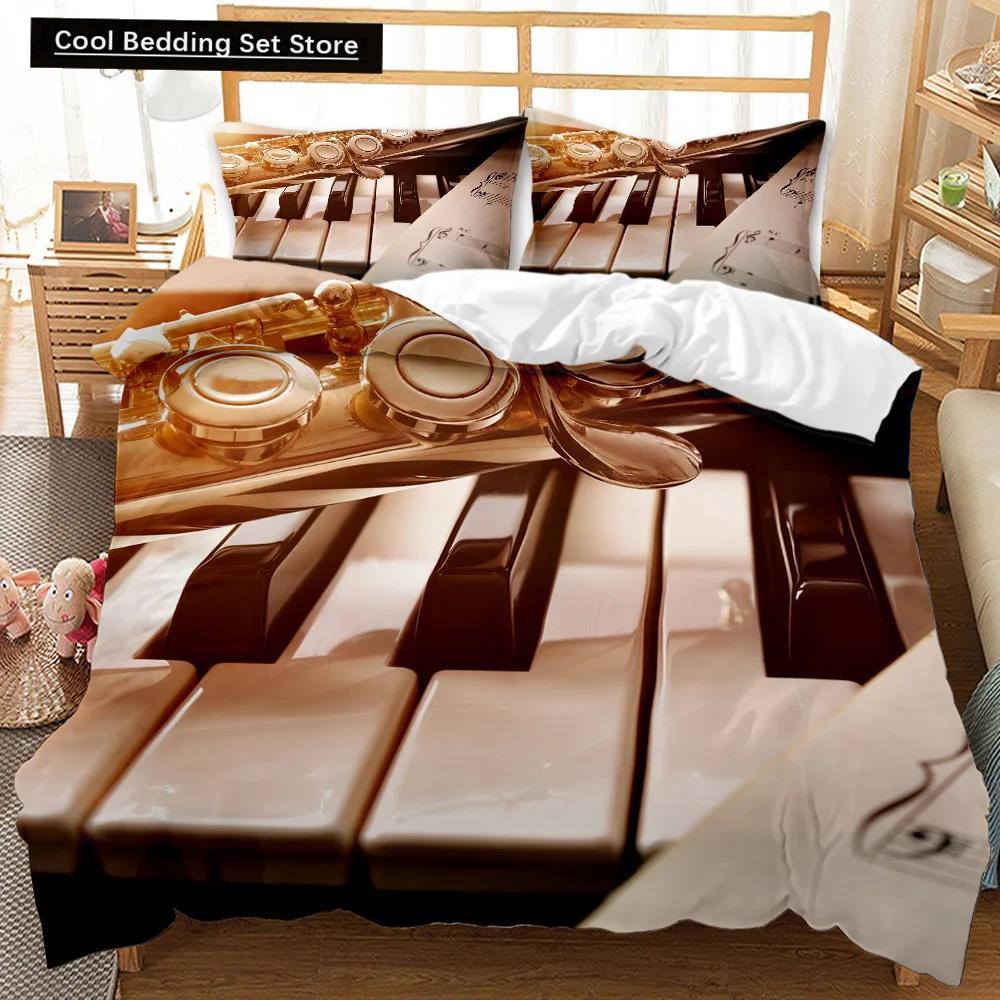 Music Duvet Cover Music with G-Clef Black Instrument Twin Bedding Set Monochrome Creative Rhythmic Ornate Polyester Qulit Cover