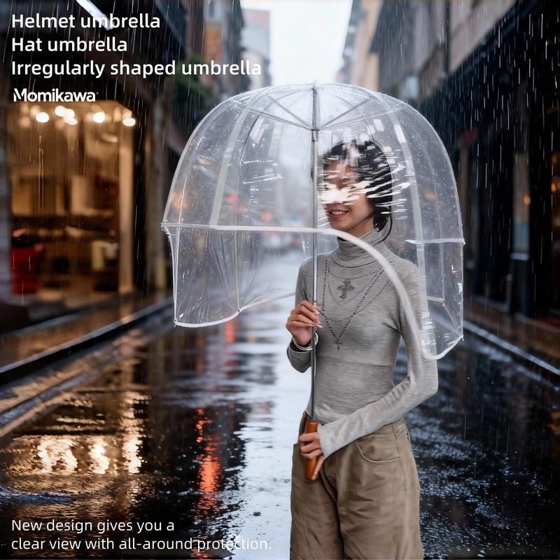 Long-Handled Helmet Umbrella Windproof Waterproof Transparent Fun Cap for Outdoor Weather