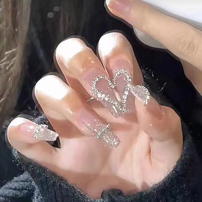 24 Pcs Long Ballet Nail Gradual Change Glitter Love Diamond Wearing Nail Piece Nail Fake Nail