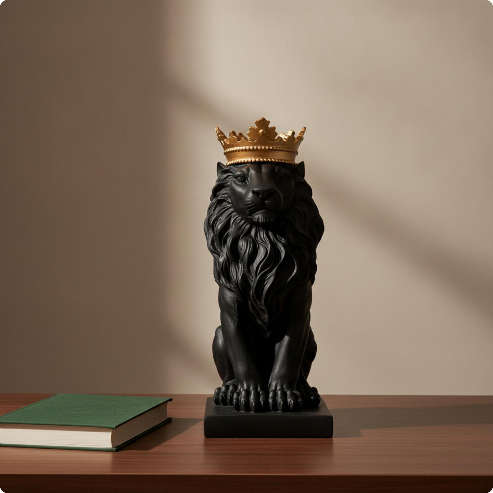 Lion Sculpture with Crown Majestic Statue Gilded headpieceToned for Art Collectors, Living