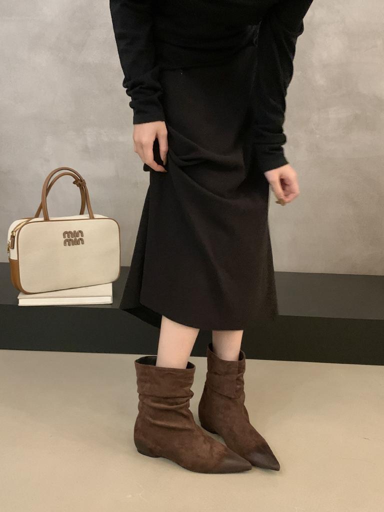 French pointed head polished color inner fold thin short boots women's autumn and winter new retro pleated stacked short bare boots