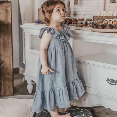 Summer Girls' Cotton Linen Pleated Dress: Solid Color, Loose, Comfortable, One-Piece