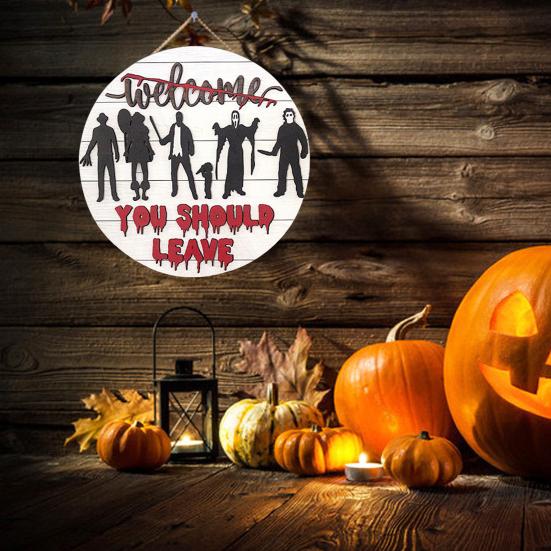 

Приветственная табличка на Хэллоуин для входной двери, дверной подвес с персонажами ужасов, 3D деревянный венок Добро пожаловать, вам следует уйти для декора стены крыльца фермерского дома A