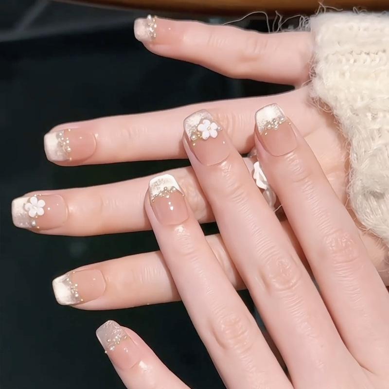Charming Cat Eye Flower Nail Stickers - Wearable French False Nail Art Tips