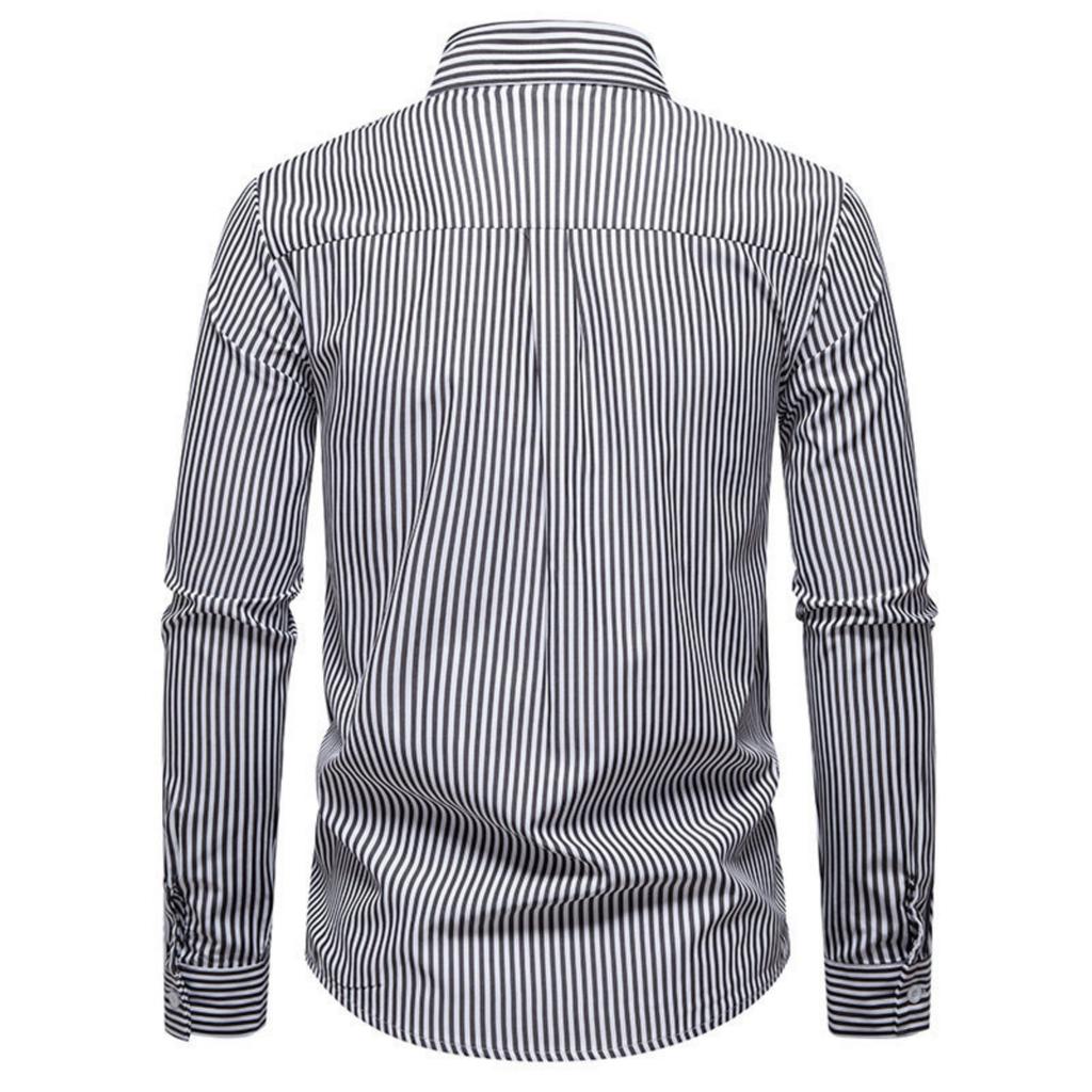 Men's Casual Solid-color Long-sleeved Shirt, Men's Button-style Striped Woven Stand-up Collar Shirt