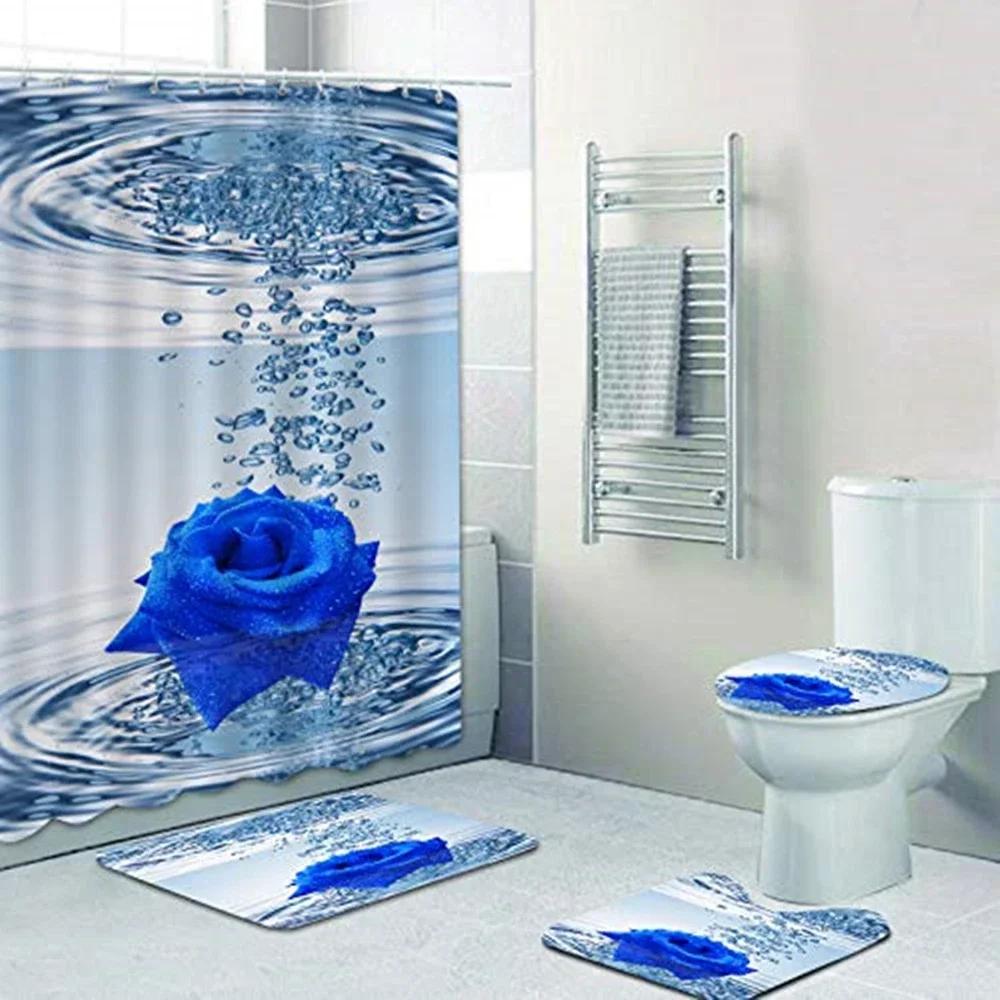 Blaue Rosenblumen Wasserdichtes Badezimmer Duschvorhang-Set Polyester Toilettensitzbezug Bad Rutschfeste Matte Teppich Teppich Heimdekoration