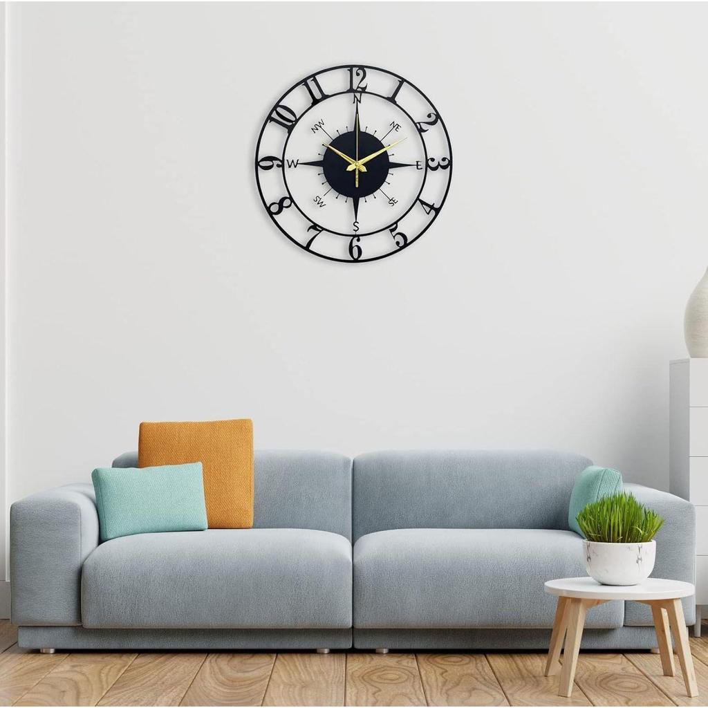Large World Map Wall Clock, Metal Minimalist Modern Clock, Round Silent Non-Ticking Battery Operated Wall Clocks for Living Room / Home