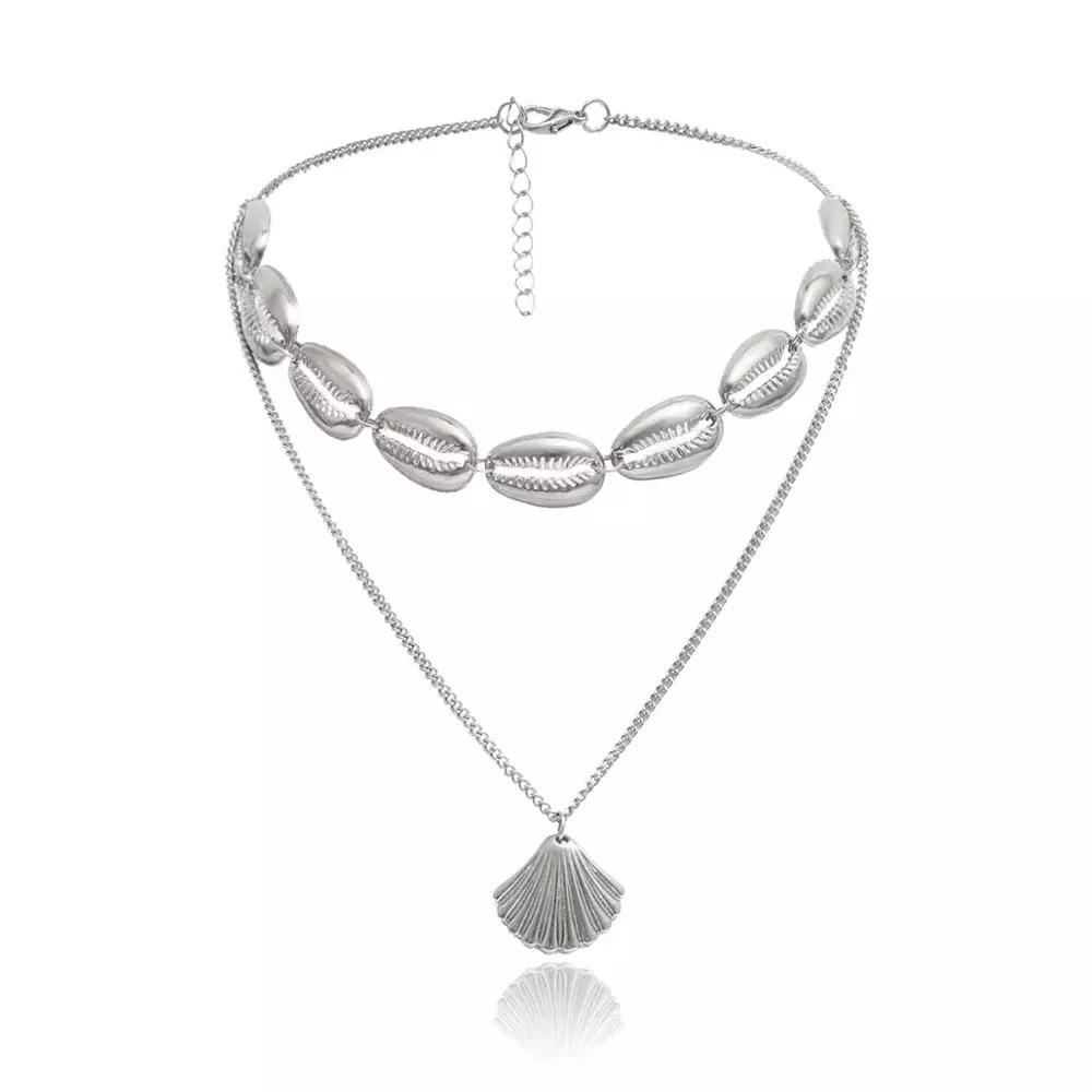 Adjustable Ethnic Geometric Double Layer Scallop Pendant Necklace for Women