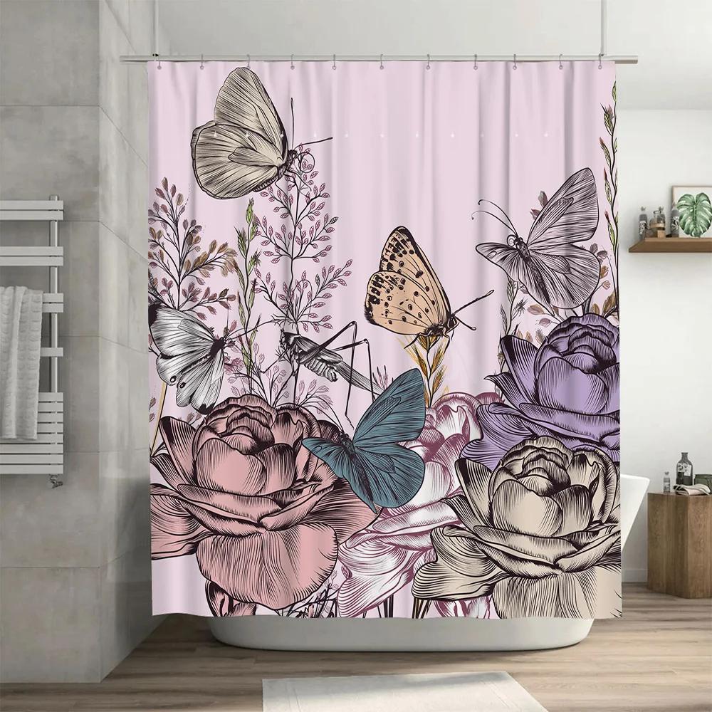 Luxurious Floral Butterfly Bath Curtain with 3D Printing Design for Bathroom Decor Elegant Shower Curtain Set In Pink Color (250